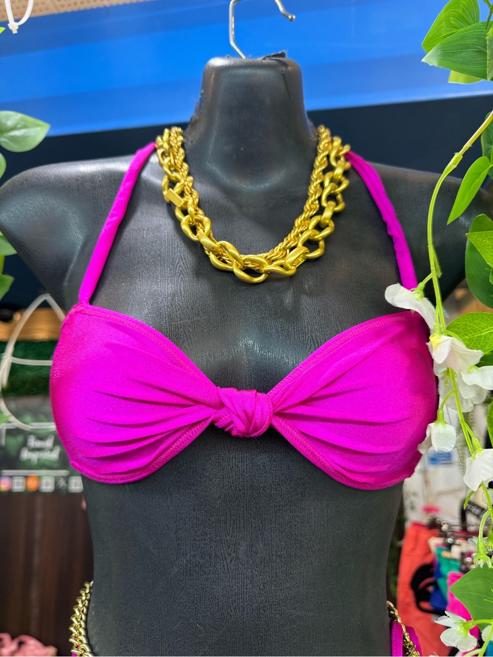 Fuschia Pink Front Knot Bandeau Halter Bikini Top Size S